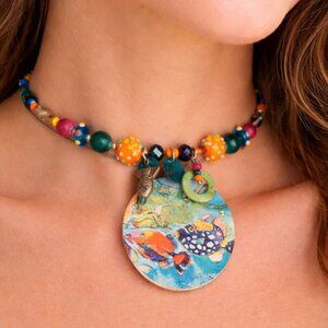 Colorful Fish Pendant Necklace/choker, murano glass beads, NWOT, adjustable
